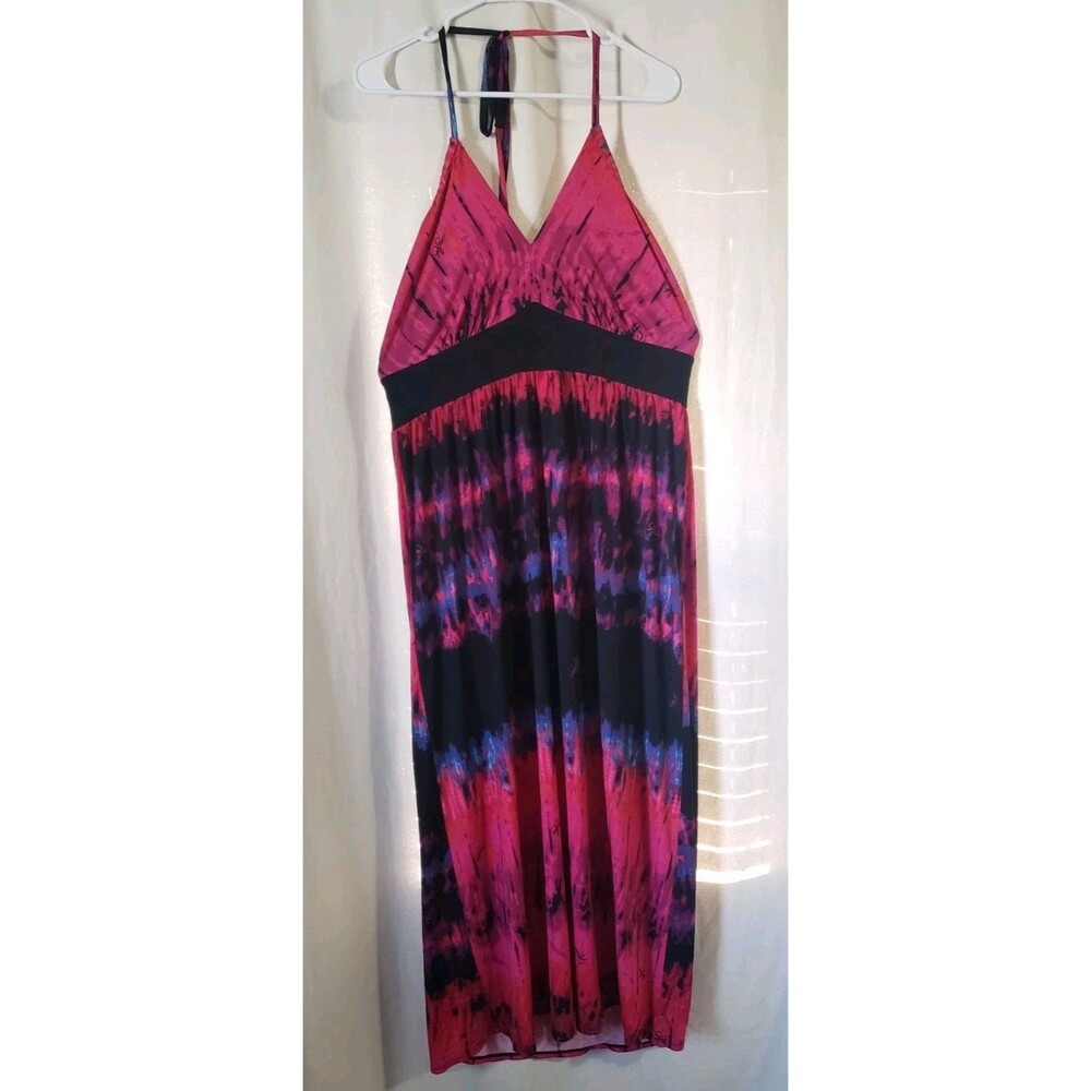 Baby Phat Y2K Maxi Halter Dress Pink Black Abstract Tye-Die Empire Waist Size 1X